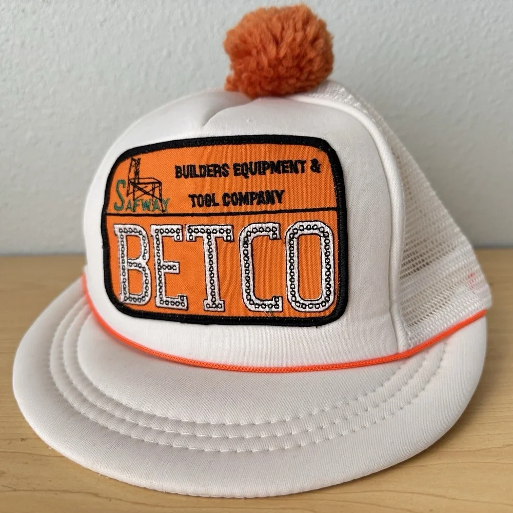 Vintage BETCO Builders Equipment Tool Co Trucker Hat‎ White Orange Pom Pom Cap